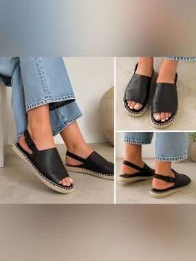 Miista Leather Whipstitch Trim Slingback Flats Espadrille Sandals Black US 8.5